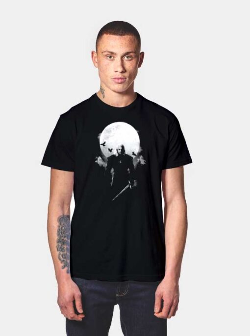 The White Wolf Man With Fullmoon Background T Shirt