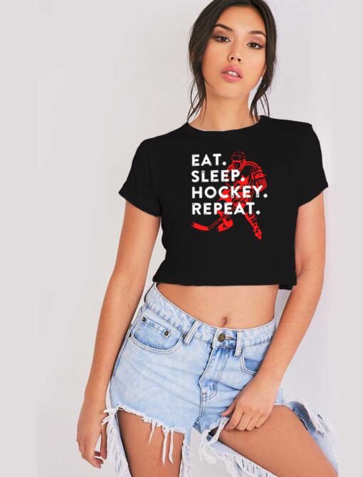 Eat Sleep Hockey Repeat Ice Sport Logo Crop Top Shirt