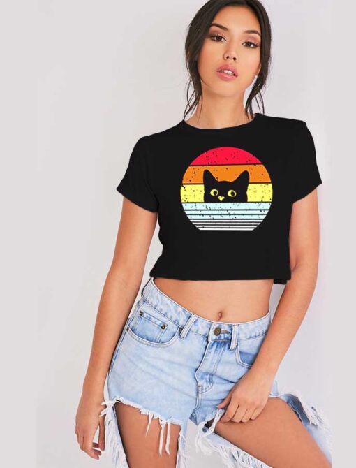 Peeking Black Cat Vintage Logo Crop Top Shirt