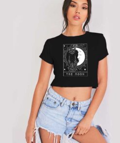 Tarot Card Crescent Moon And Cat Crop Top Shirt