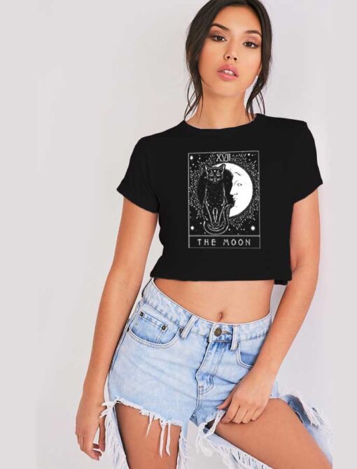 Tarot Card Crescent Moon And Cat Crop Top Shirt