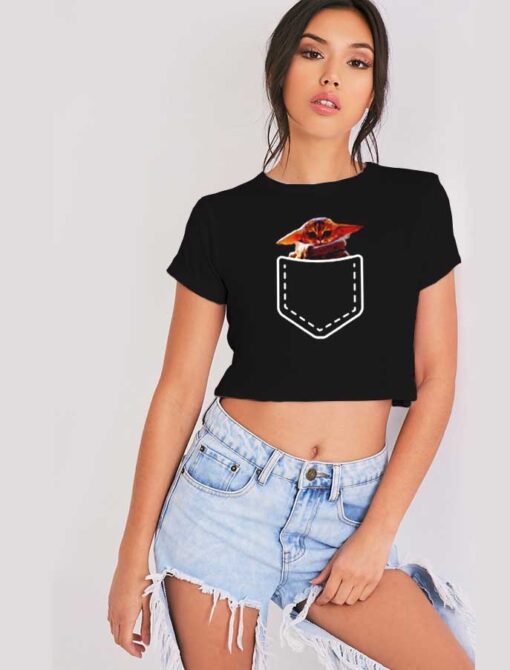 Baby Yoda Cat Face In Pocket Crop Top Shirt