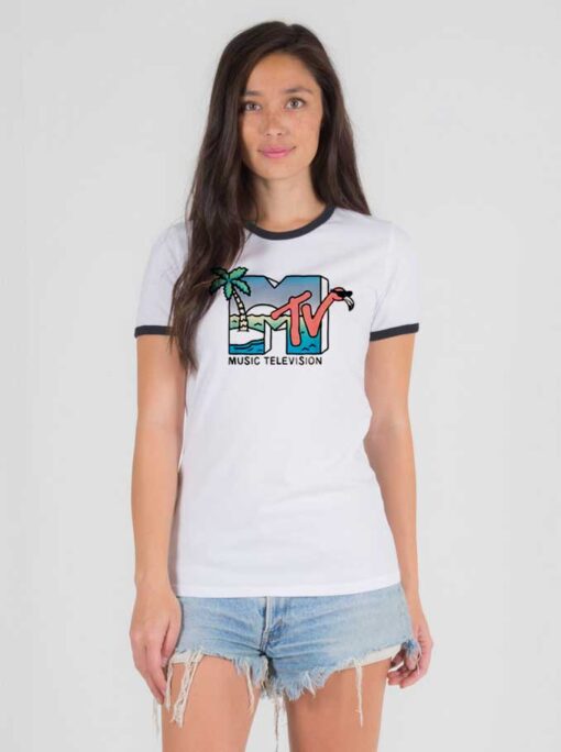 MTV Beach Island Flamingo Pink Ringer Tee