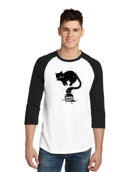 Black Cat Ink Bottle Art Raglan Tee