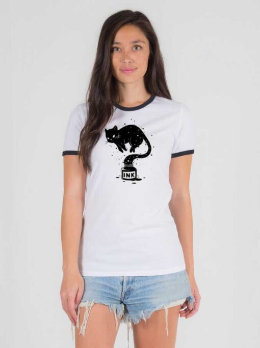 Black Cat Ink Bottle Art Ringer Tee