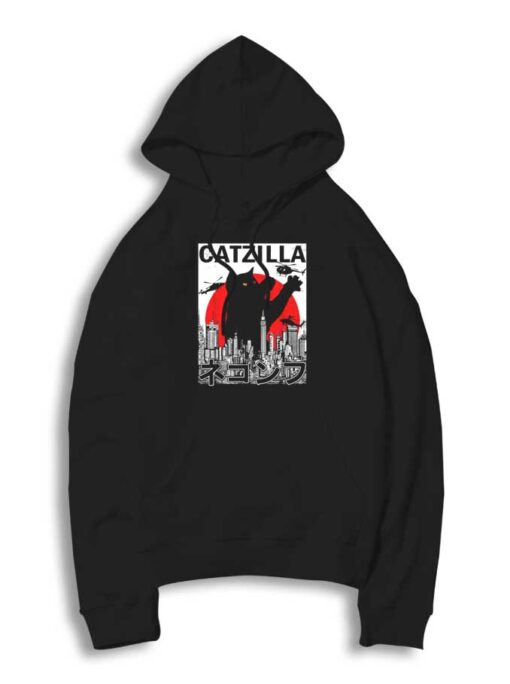 Black Catzilla Japanese Flag Sunset Poster Hoodie