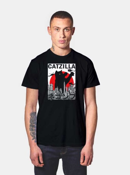 Black Catzilla Japanese Flag Sunset Poster T Shirt