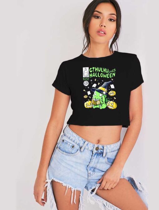 Cthulhu Likes Halloween Black Magic Book Crop Top Shirt