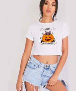 Cute Cat in Pumpkin Happy Halloween Crop Top Shirt