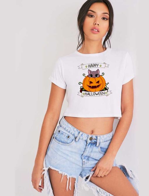 Cute Cat in Pumpkin Happy Halloween Crop Top Shirt