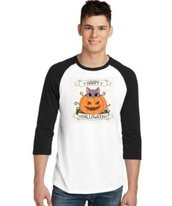 Cute Cat in Pumpkin Happy Halloween Raglan Tee