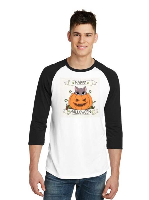 Cute Cat in Pumpkin Happy Halloween Raglan Tee