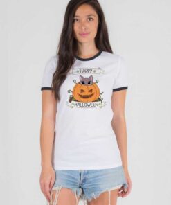 Cute Cat in Pumpkin Happy Halloween Ringer Tee