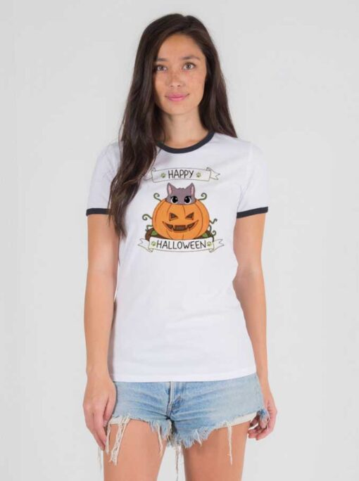 Cute Cat in Pumpkin Happy Halloween Ringer Tee