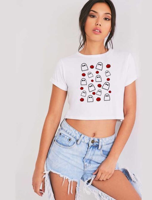 Halloween Ghosts And Pumpkins Grid Crop Top Shirt