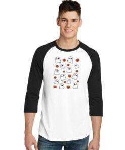 Halloween Ghosts And Pumpkins Grid Raglan Tee