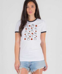 Halloween Ghosts And Pumpkins Grid Ringer Tee