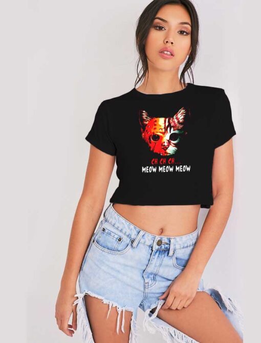 Meow Meow Halloween Scary Cat Mask Crop Top Shirt