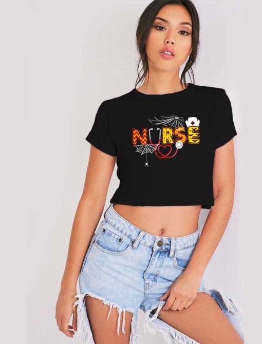 Nurse Halloween Pumpkin Boo Spider Crop Top Shirt