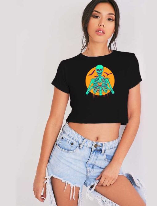 Skeleton I Love Halloween Pumpkin Heart Crop Top Shirt