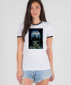 Starry Night Stars Over Hogwarts School Ringer Tee