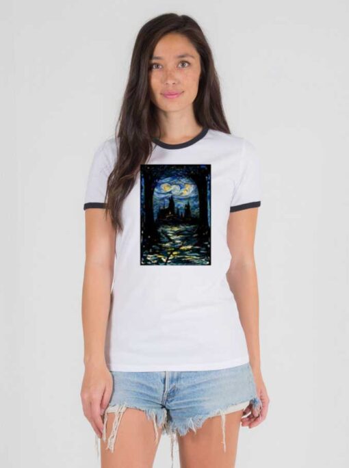 Starry Night Stars Over Hogwarts School Ringer Tee