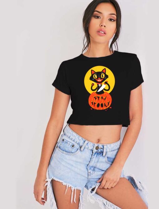 Stay Spooky Black Cat In The Pumpkin Crop Top Shirt