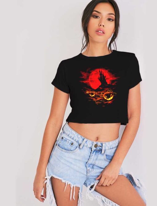 Vampire Castle Red Moon Pumpkin Halloween Crop Top Shirt