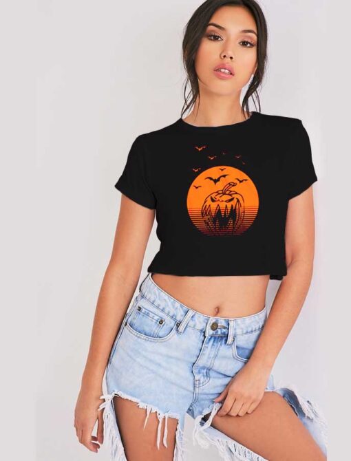 Vintage Vampire Pumpkin Sunset Background Crop Top Shirt