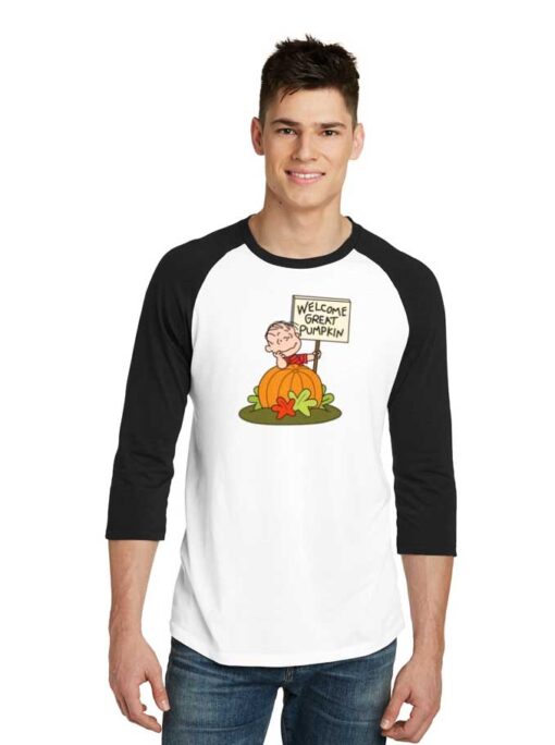 Welcome Great Pumpkin Sign Halloween Raglan Tee