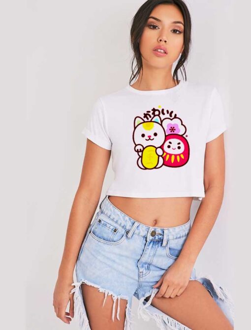 Japanese Maneki Neko Daruma Kawaii Crop Top Shirt