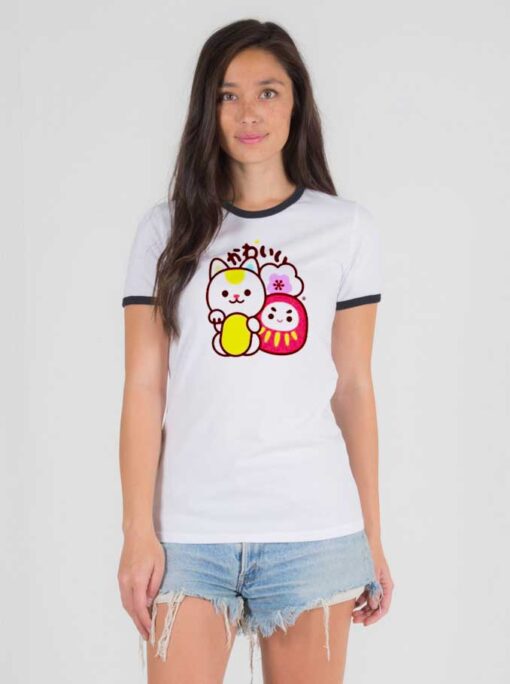 Japanese Maneki Neko Daruma Kawaii Ringer Tee