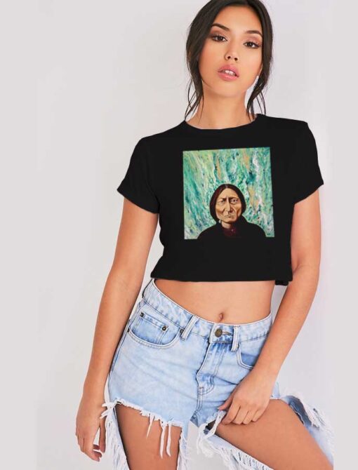 Sitting Bull In Liquid Green Painting Crop Top Shirt