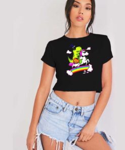 T Rex Riding Unicorn Halloween Rainbow Crop Top Shirt