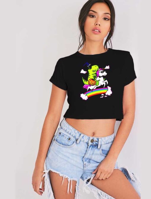 T Rex Riding Unicorn Halloween Rainbow Crop Top Shirt