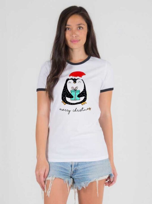 Merry Christmas Penguin Gift Box Ringer Tee