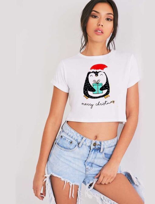 Merry Christmas Penguin Gift Box Crop Top Shirt