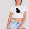 Black Cat Catching a Bird Crop Top Shirt