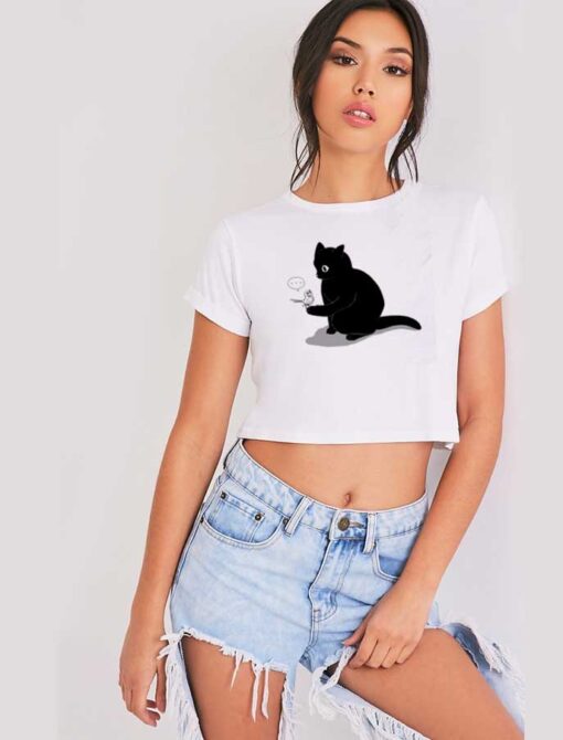 Black Cat Catching a Bird Crop Top Shirt