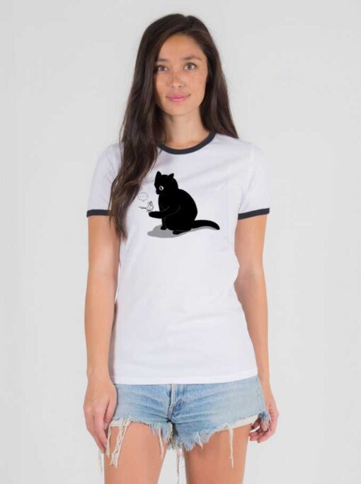 Black Cat Catching a Bird Ringer Tee