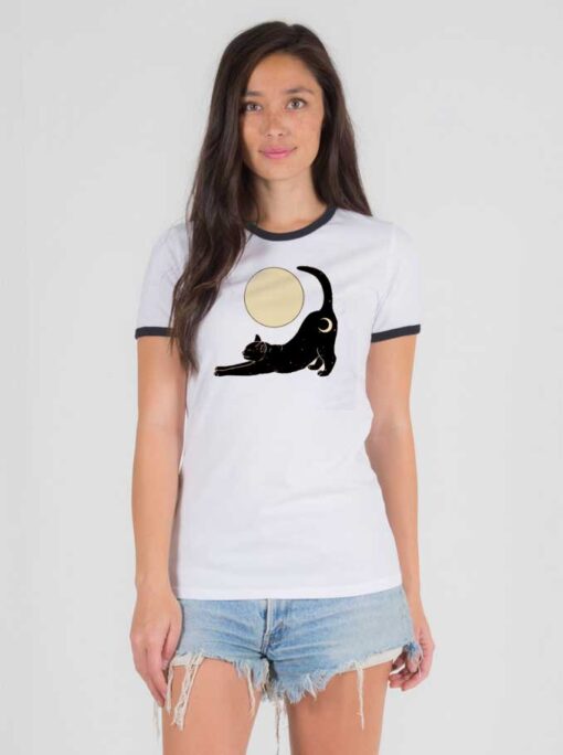 Black Cat With Moon Under The Moon Ringer Tee