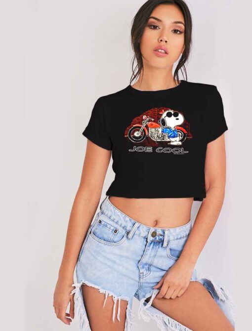 Peanuts Snoopy Joe Cool Harley Flames Motorcycle Crop Top Shirt