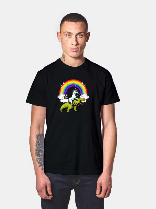 Unicorn Riding Dinosaur Rainbow T Shirt