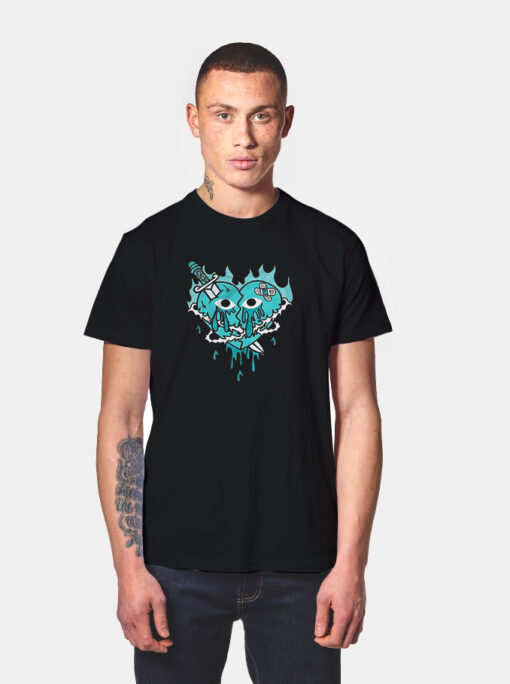 Broken Heart Dripping Black Fierce Blue T Shirt