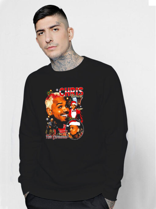 Chris Brown Wearing Santa Claus Hat Sweatshirt